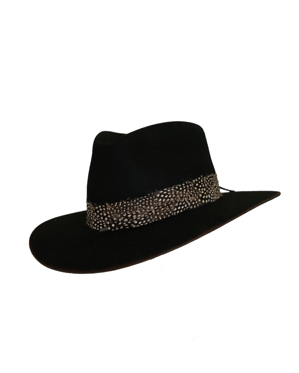 Three-quarter angled view of a black teardrop crown fedora with a speckled black and white feather hat band and burnt brim edge
