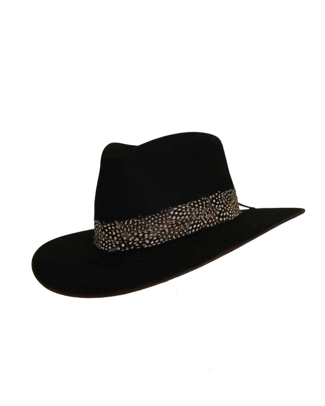 Three-quarter angled view of a black teardrop crown fedora with a speckled black and white feather hat band and burnt brim edge
