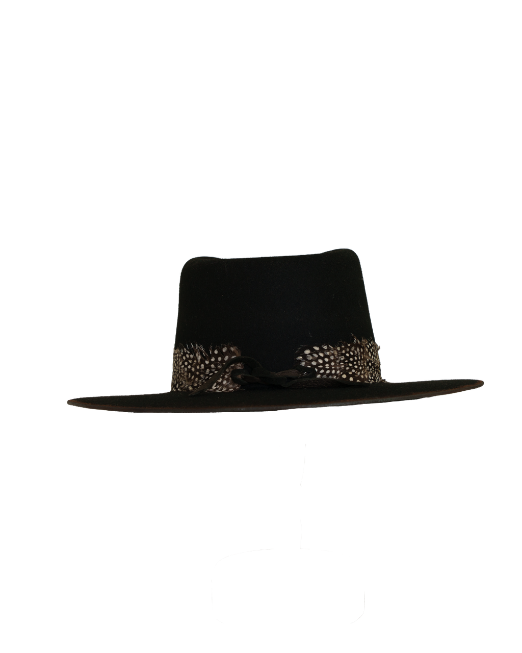 Back view of a black teardrop crown fedora with a speckled black and white feather hat band and burnt brim edge
