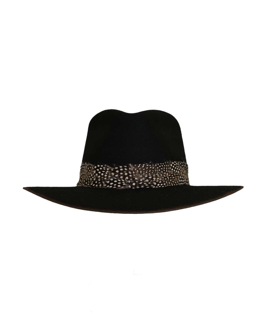 Three-quarter angled top view of a black teardrop crown fedora with a speckled black and white feather hat band and burnt brim edge