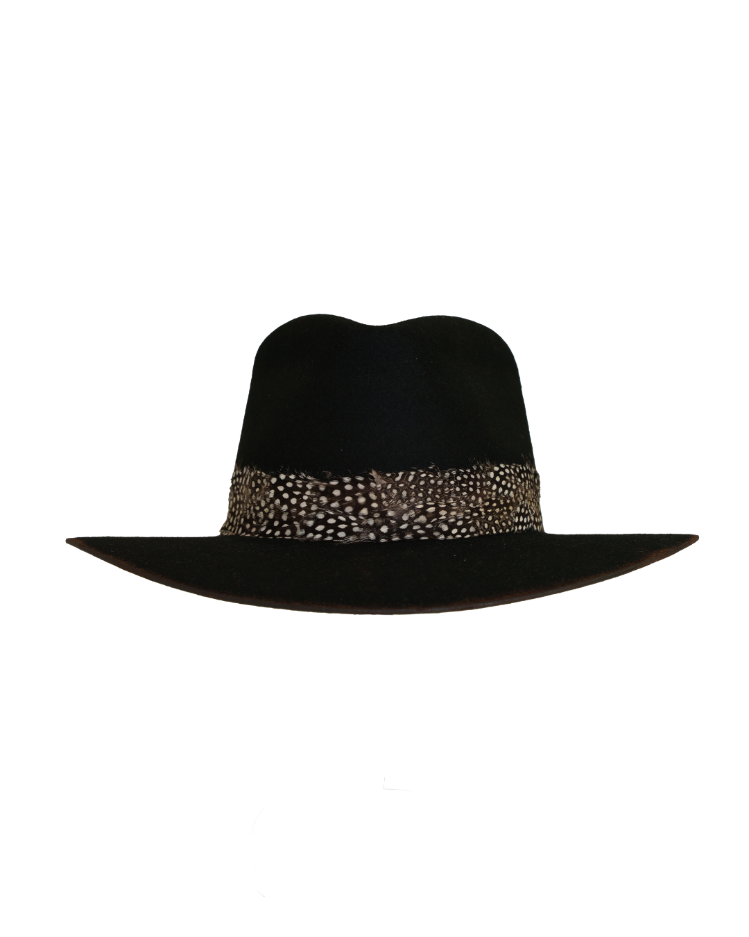 Three-quarter angled top view of a black teardrop crown fedora with a speckled black and white feather hat band and burnt brim edge