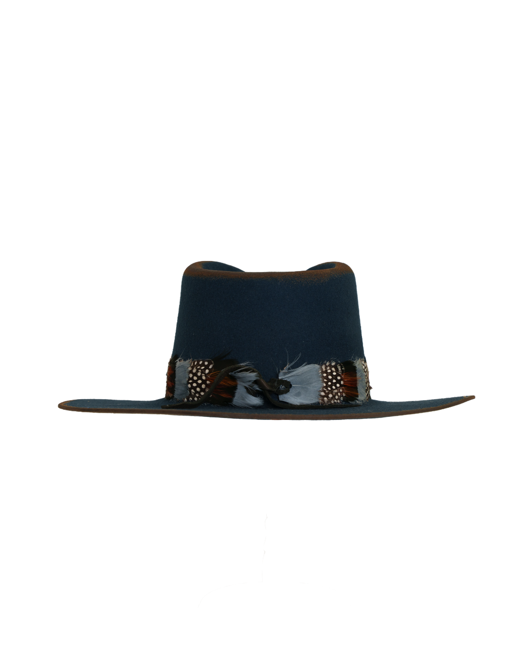 Back view of a navy wide-brim fedora with a teardrop crown, multicolor feather hat band in rust, white, and speckled tones.
