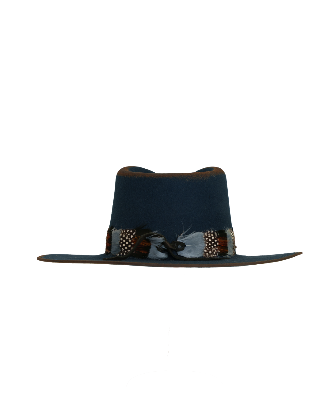 Back view of a navy wide-brim fedora with a teardrop crown, multicolor feather hat band in rust, white, and speckled tones.
