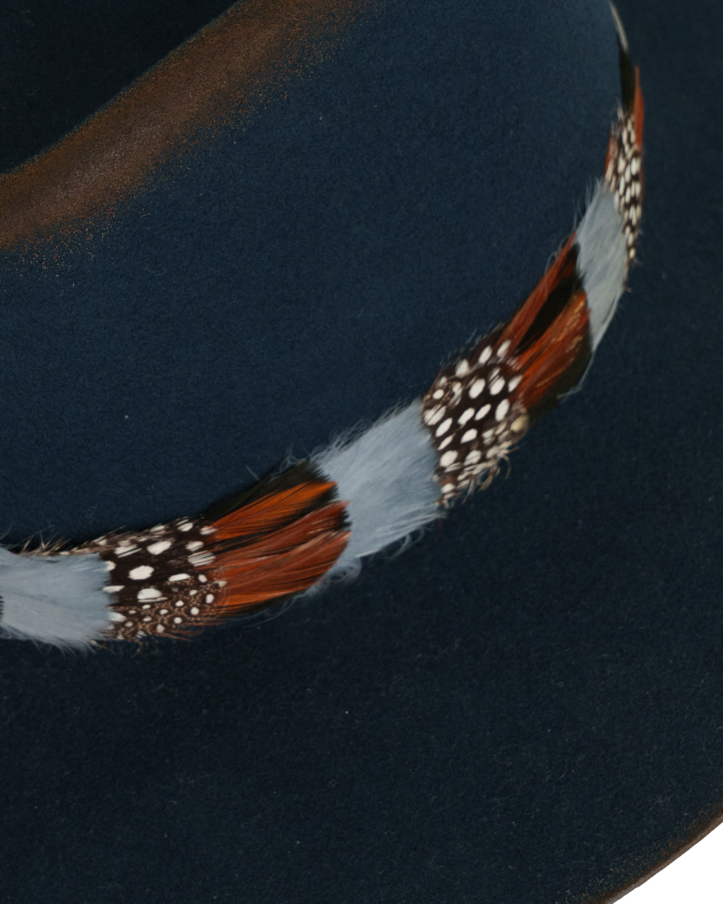 Close-up view of a navy wide-brim fedora with a teardrop crown, multicolor feather hat band in rust, white, and speckled tones.
