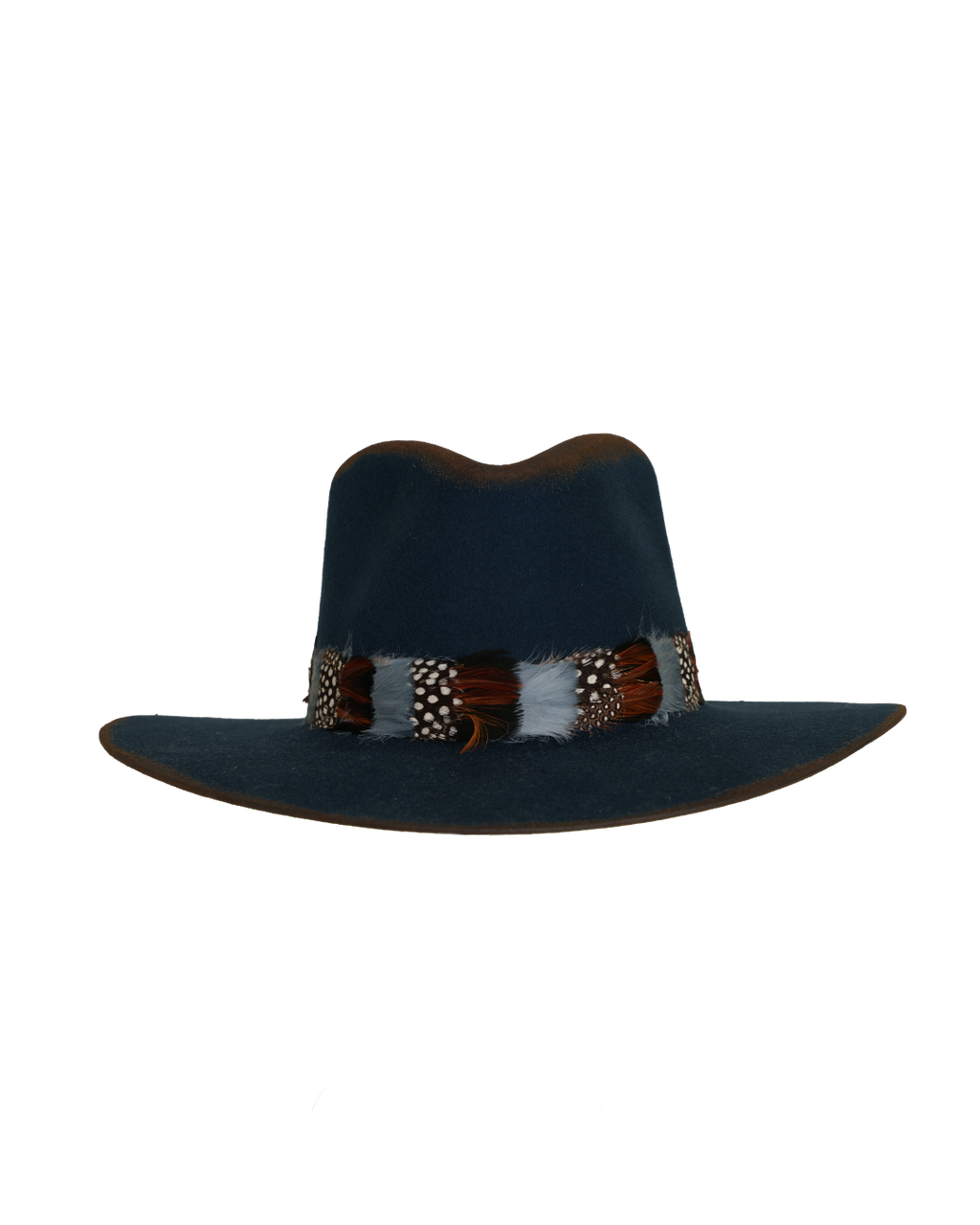 Front view of a navy wide-brim fedora with a teardrop crown, multicolor feather hat band in rust, white, and speckled tones.
