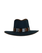 Front view of a navy wide-brim fedora with a teardrop crown, multicolor feather hat band in rust, white, and speckled tones.
