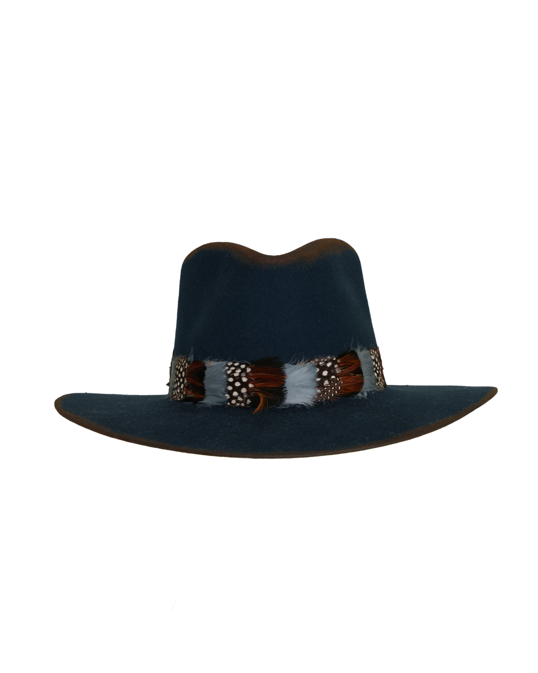 Front view of a navy wide-brim fedora with a teardrop crown, multicolor feather hat band in rust, white, and speckled tones.
