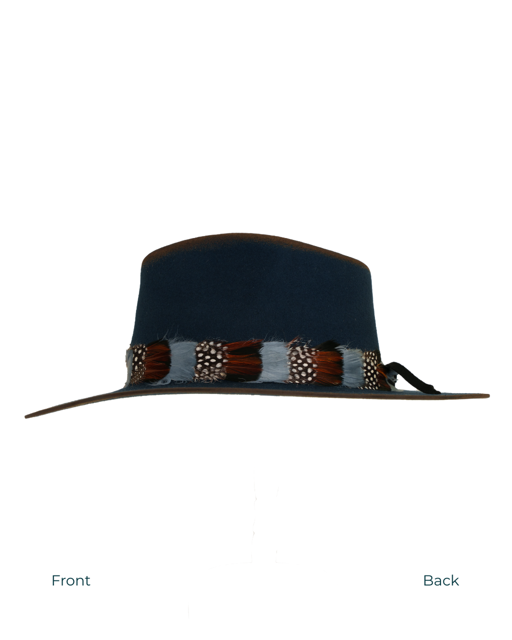 Side profile view from front to back of a navy wide-brim fedora with a teardrop crown, multicolor feather hat band in rust, white, and speckled tones.
