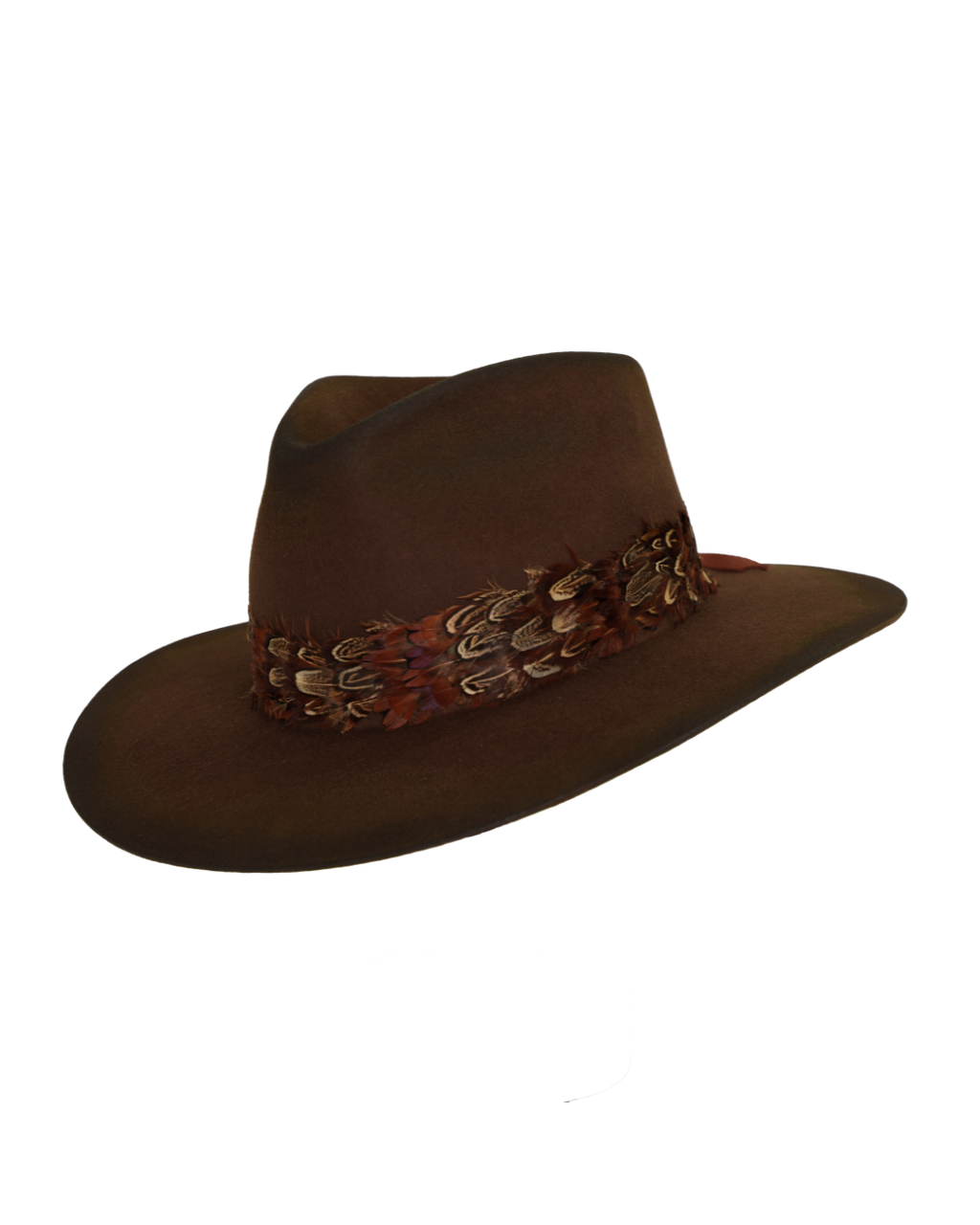 Three-quarter angled view of a dark brown wide-brim fedora with an teardrop crown crease and layered rust-tone feather hat band.
