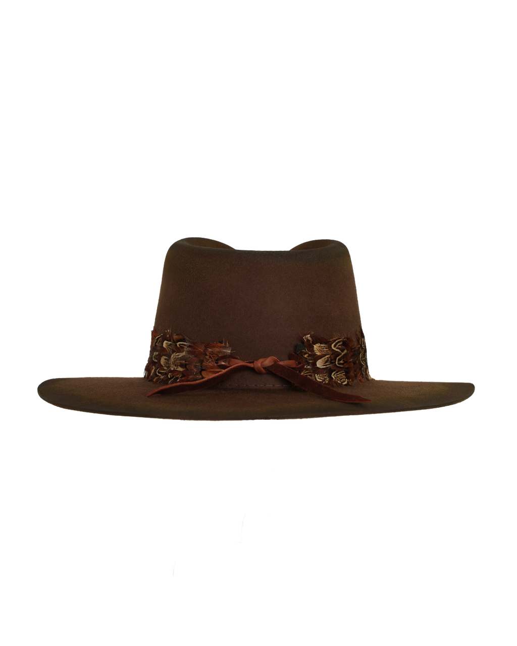 Back view of a dark brown wide-brim fedora with an teardrop crown crease and layered rust-tone feather hat band.