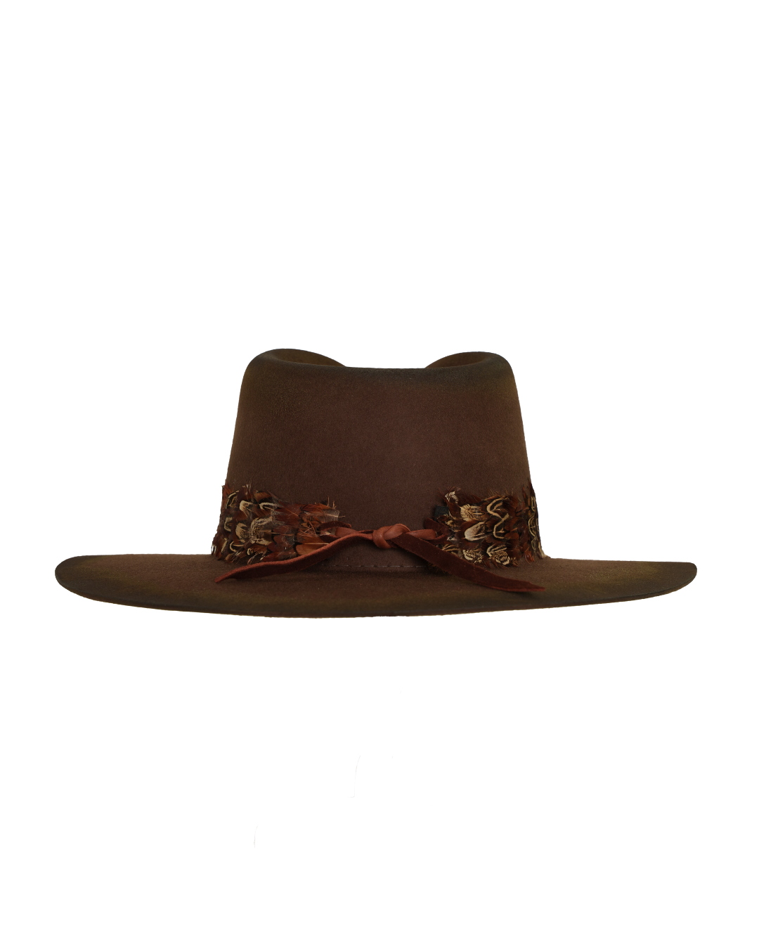 Back view of a dark brown wide-brim fedora with an teardrop crown crease and layered rust-tone feather hat band.