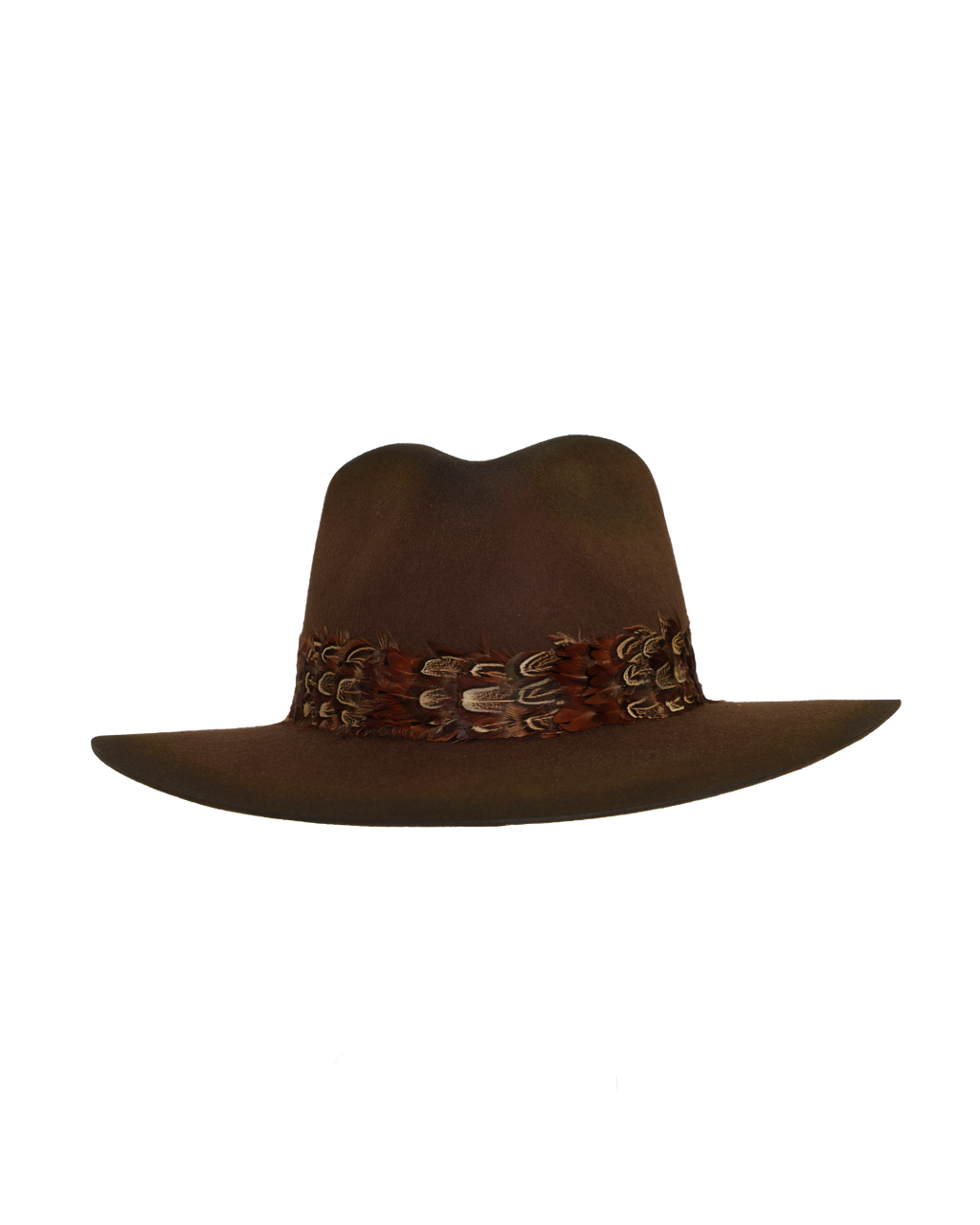 Front view of a dark brown wide-brim fedora with an teardrop crown crease and layered rust-tone feather hat band.