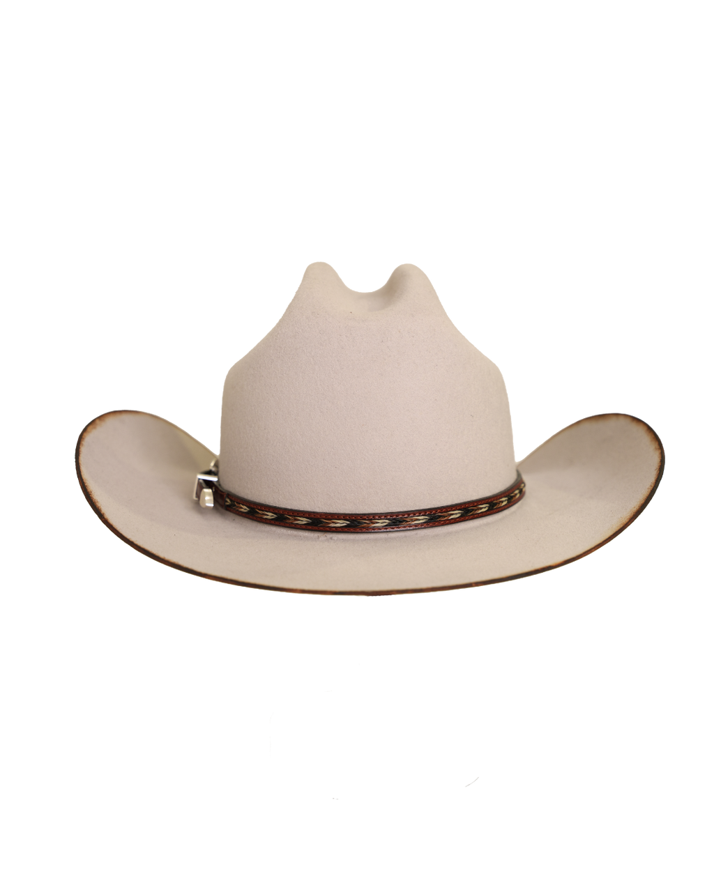 Back view of a silverbelly dallas cattleman cowboy hat with a horse hair multicolored leather hat band and silver buckle with minimal brim edge burning 
