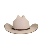 Back view of a silverbelly dallas cattleman cowboy hat with a horse hair multicolored leather hat band and silver buckle with minimal brim edge burning 
