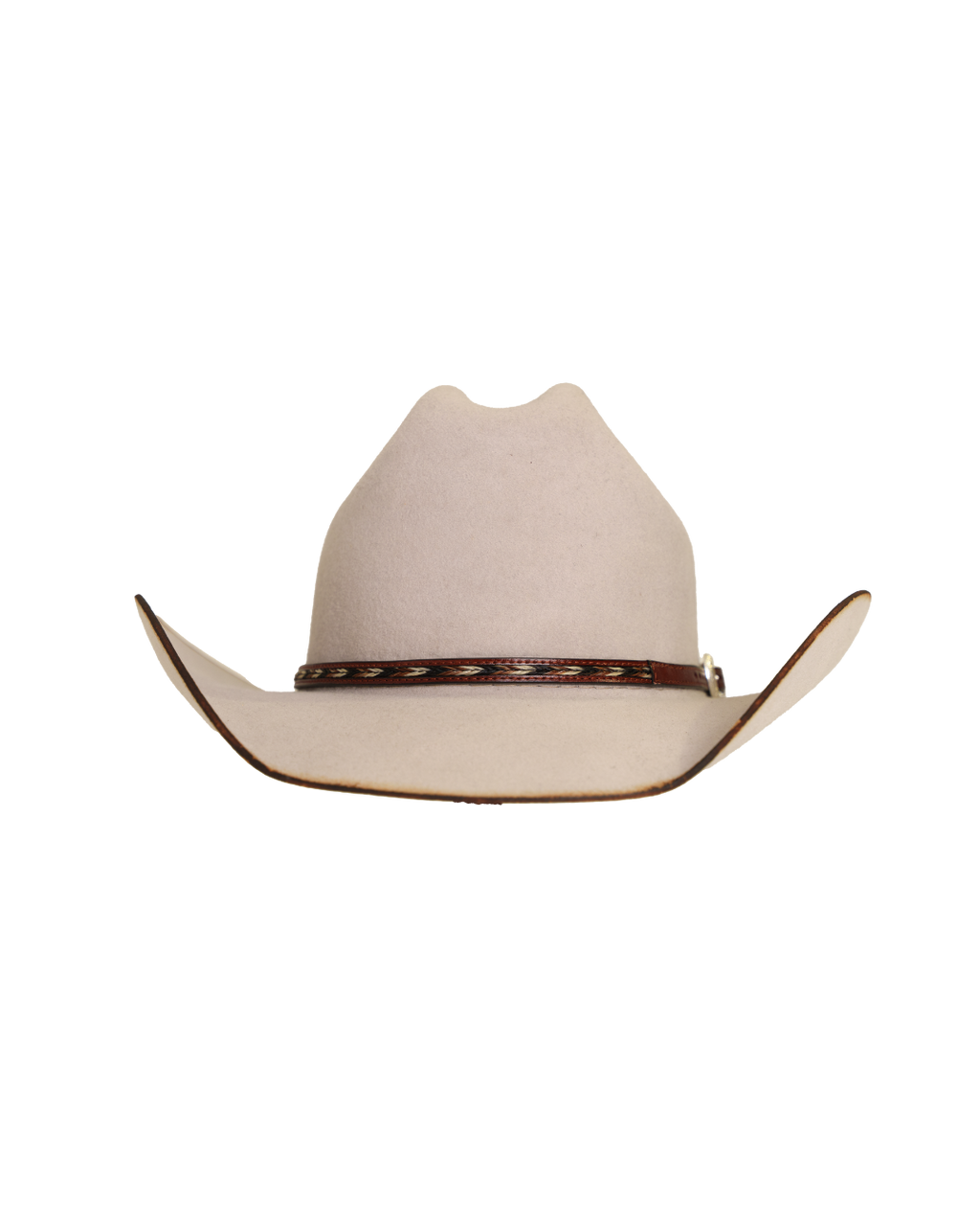 Front view of a silverbelly Dallas Cattleman cowboy hat with a multicolor horsehair and leather hat band, silver buckle, and lightly burned brim edge.