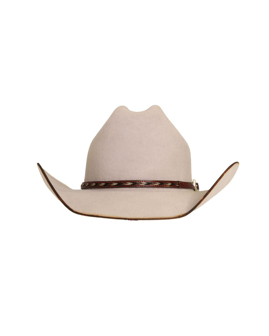 Front view of a silverbelly Dallas Cattleman cowboy hat with a multicolor horsehair and leather hat band, silver buckle, and lightly burned brim edge.