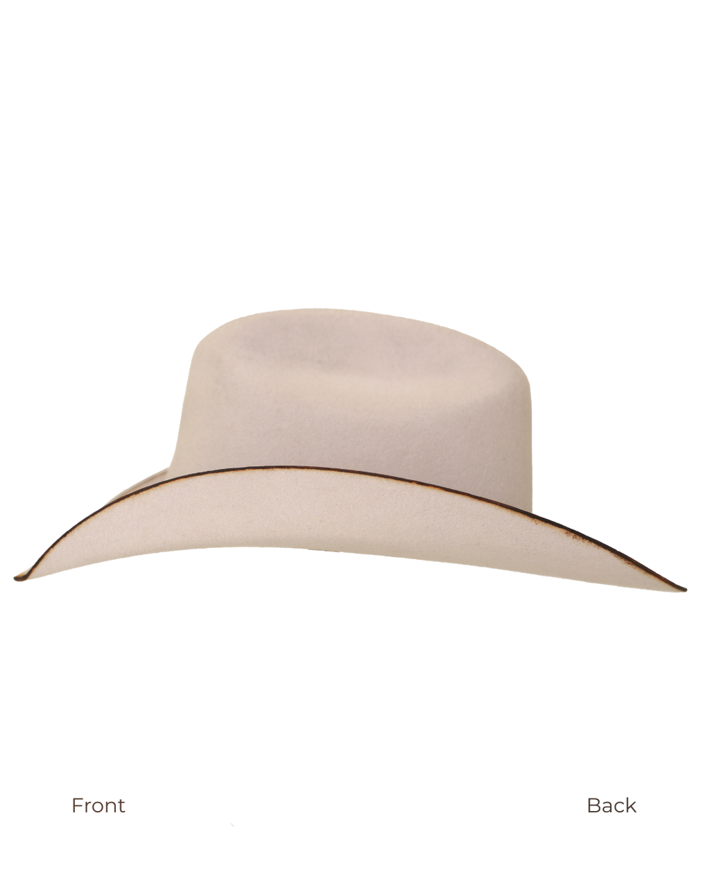 Side profile view from front to back of a silverbelly dallas cattleman cowboy hat with a horse hair multicolored leather hat band and silver buckle with minimal brim edge burning 
