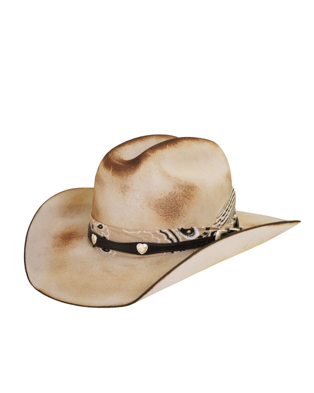 Three quarters angled view of a tan distressed cattleman-style cowboy hat with a dark leather hat band, tan bandana,  and silver concho details