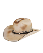 Three quarters angled view of a tan distressed cattleman-style cowboy hat with a dark leather hat band, tan bandana,  and silver concho details