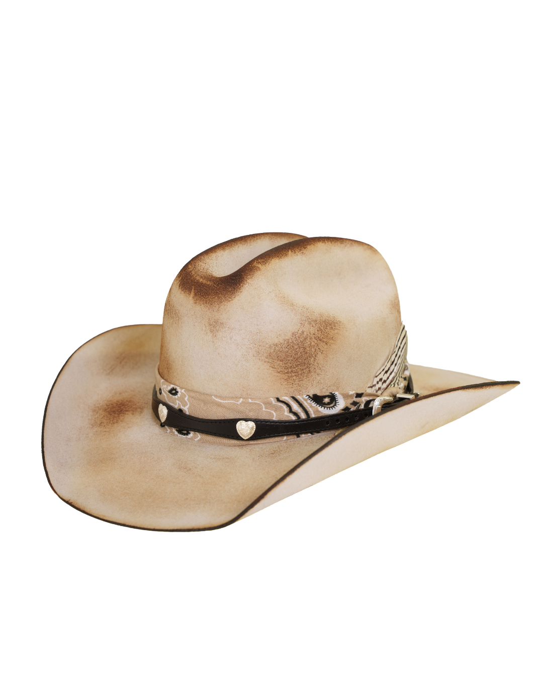Three quarters angled view of a tan distressed cattleman-style cowboy hat with a dark leather hat band, tan bandana,  and silver concho details