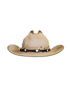 Back view of a tan distressed cattleman-style cowboy hat with a dark leather hat band, tan bandana,  and silver concho details
