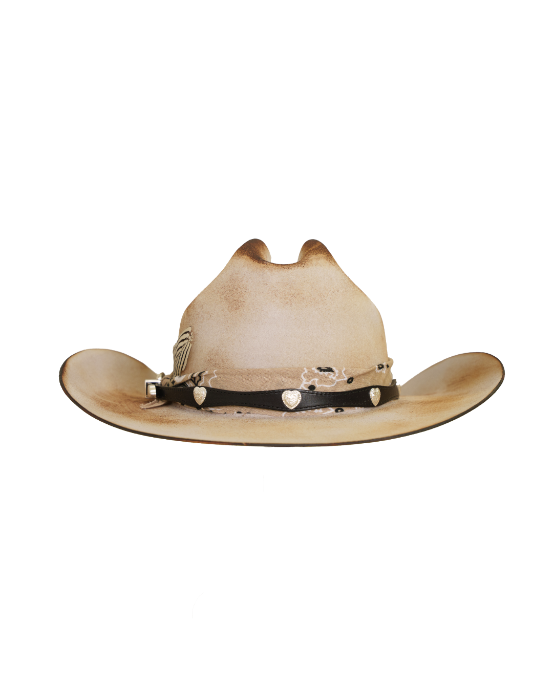Back view of a tan distressed cattleman-style cowboy hat with a dark leather hat band, tan bandana,  and silver concho details
