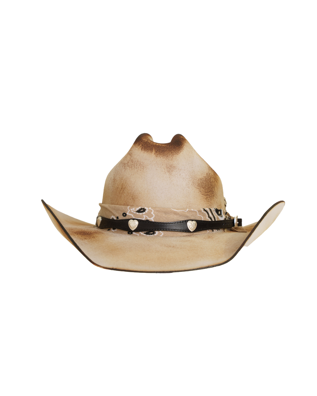 Front view of a tan distressed cattleman-style cowboy hat with a dark leather hat band, tan bandana,  and silver concho details
