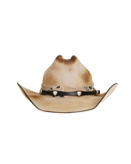 Front view of a tan distressed cattleman-style cowboy hat with a dark leather hat band, tan bandana,  and silver concho details

