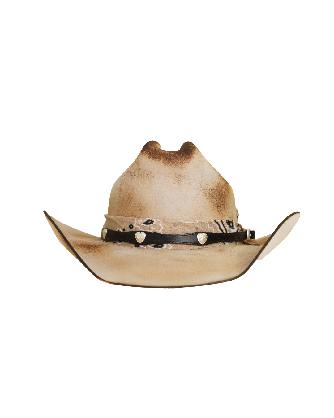 Front view of a tan distressed cattleman-style cowboy hat with a dark leather hat band, tan bandana,  and silver concho details
