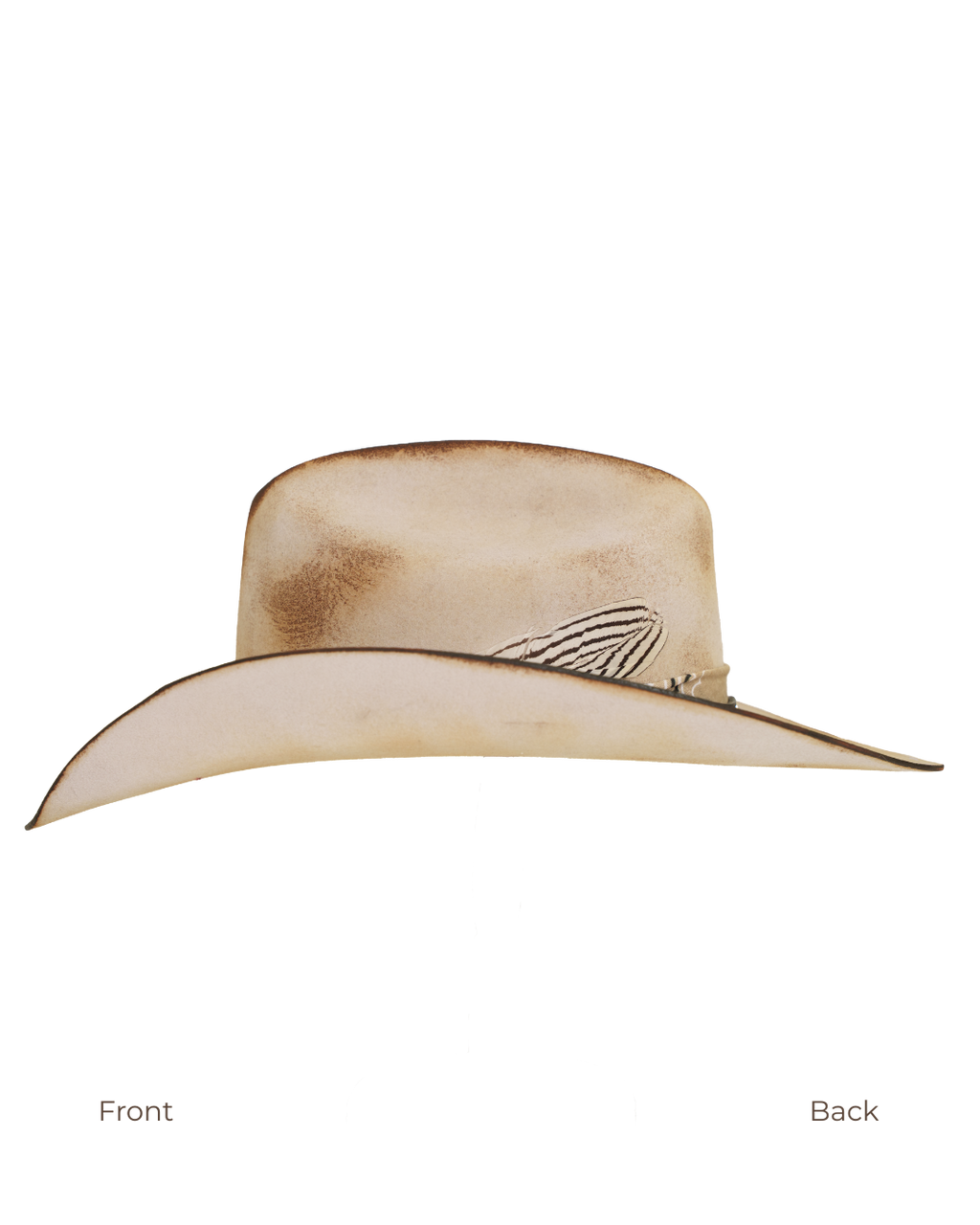 Side profile view of a tan distressed cattleman-style cowboy hat with a dark leather hat band, tan bandana,  and silver concho details