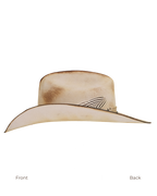 Side profile view of a tan distressed cattleman-style cowboy hat with a dark leather hat band, tan bandana,  and silver concho details