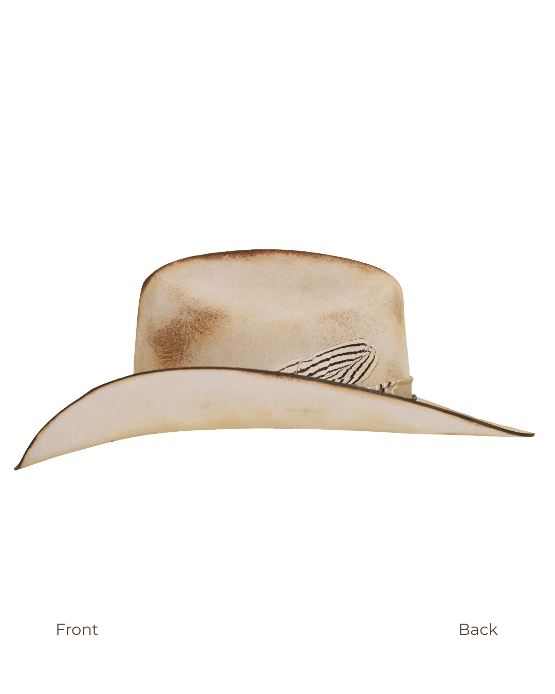 Side profile view of a tan distressed cattleman-style cowboy hat with a dark leather hat band, tan bandana,  and silver concho details
