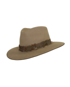 Three quarter angled view of a greenish tan wide-brim fedora with a teardrop crown crease and, multicolored neutral feather hat band.