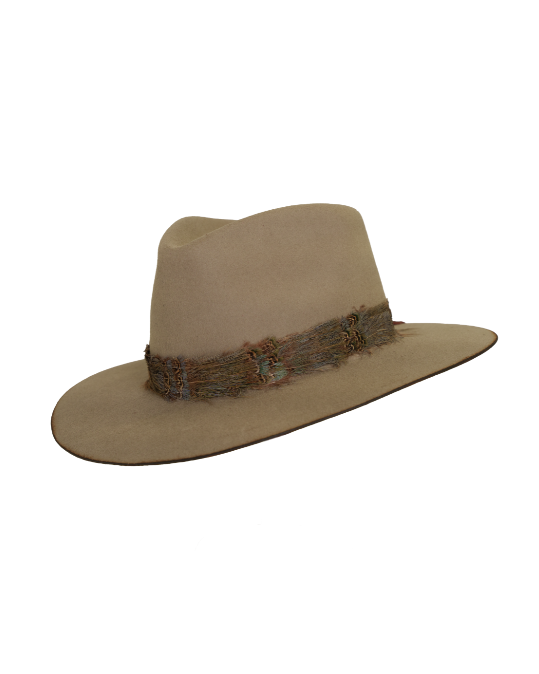 Three quarter angled view of a greenish tan wide-brim fedora with a teardrop crown crease and, multicolored neutral feather hat band.
