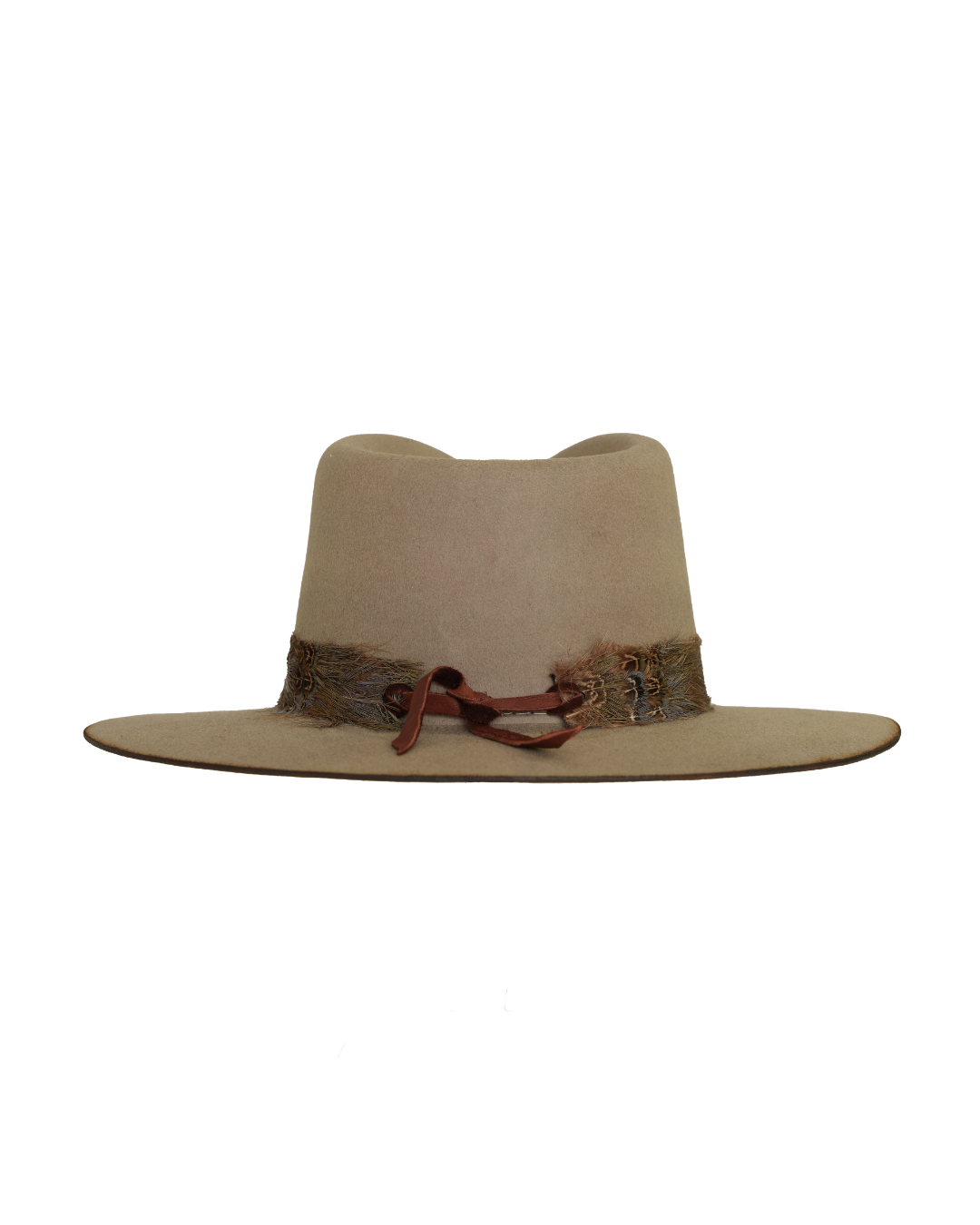 Back view of a greenish tan wide-brim fedora with a teardrop crown crease and, multicolored neutral feather hat band.
