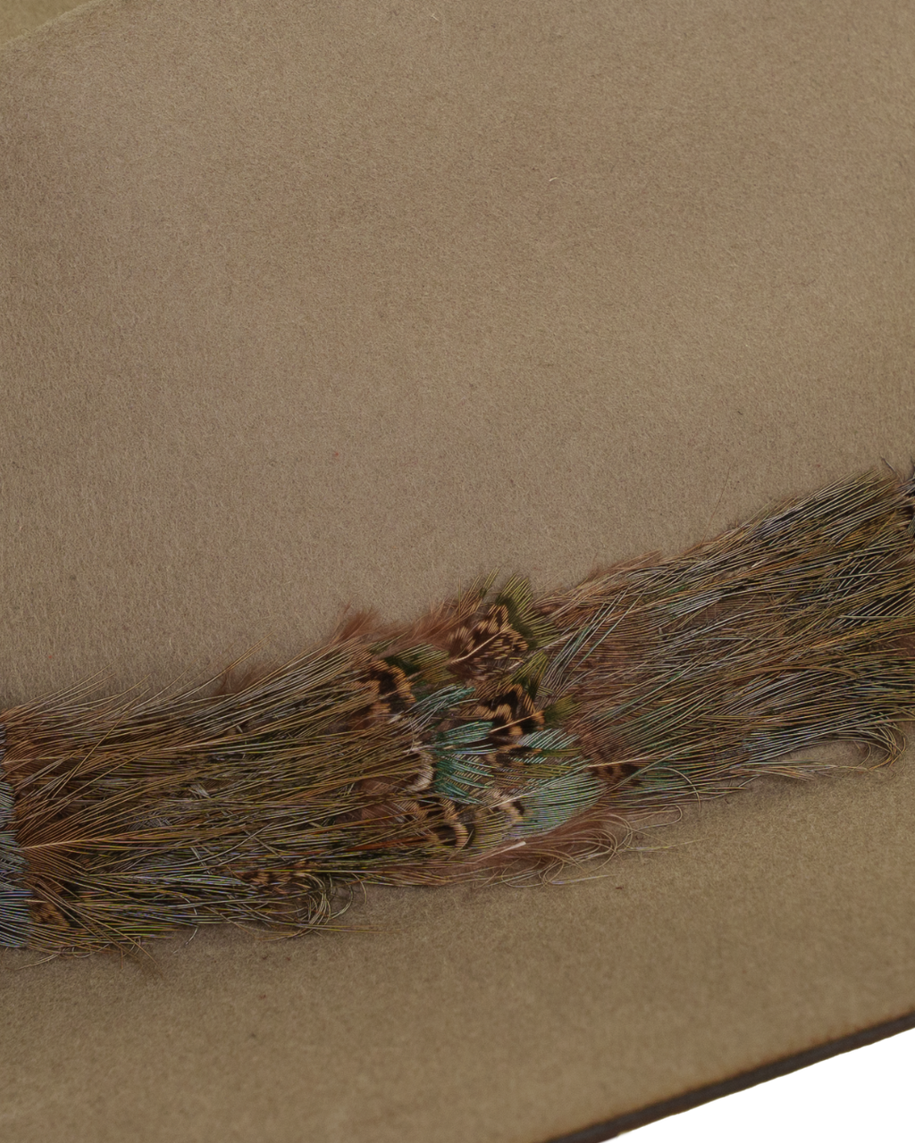 Close-up view of a greenish tan wide-brim fedora and multicolored neutral feather hat band.
