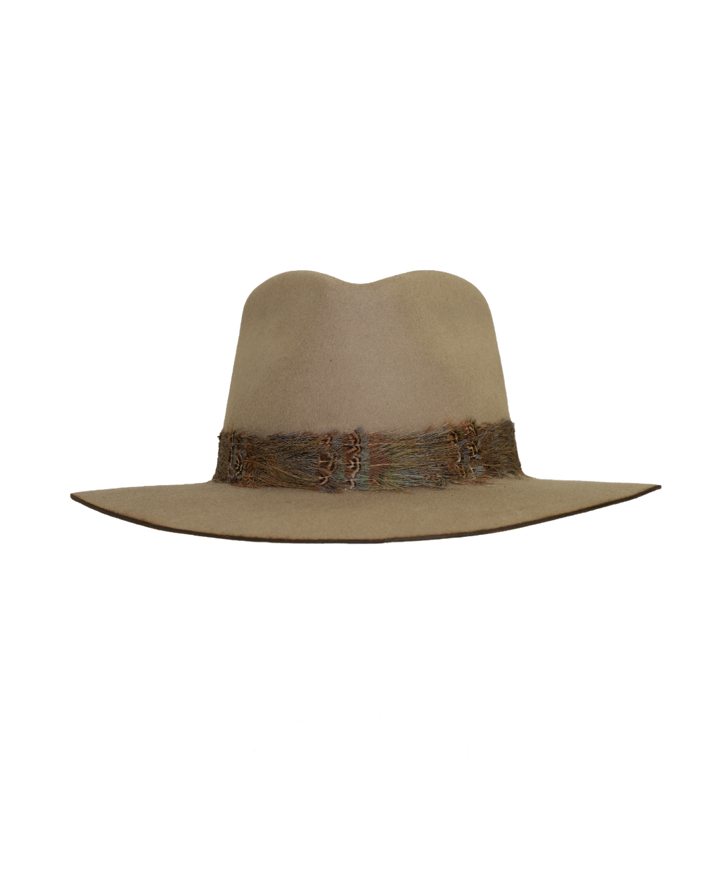 Front view of a greenish tan wide-brim fedora with a teardrop crown crease and, multicolored neutral feather hat band.
