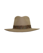 Front view of a greenish tan wide-brim fedora with a teardrop crown crease and, multicolored neutral feather hat band.
