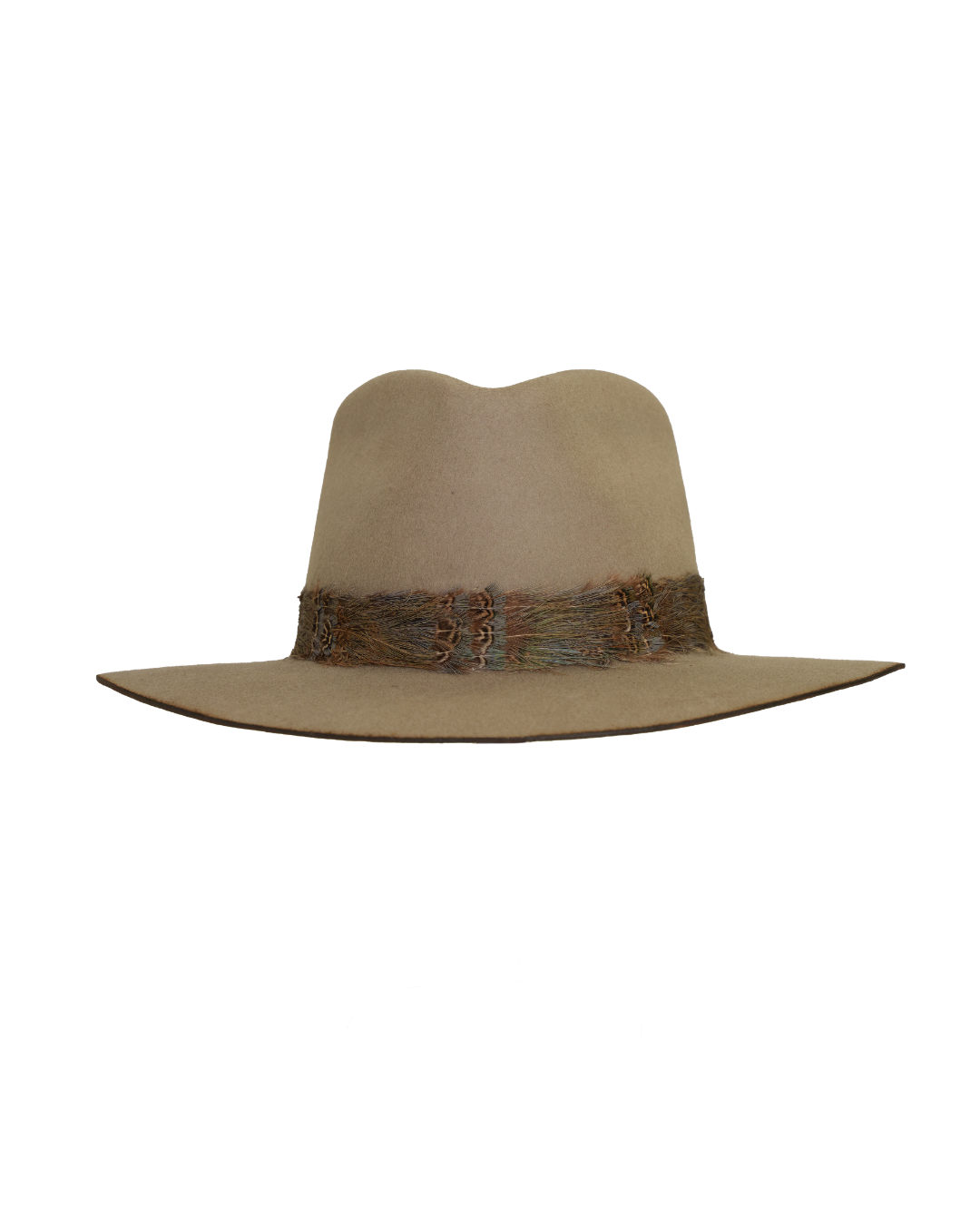 Front view of a greenish tan wide-brim fedora with a teardrop crown crease and, multicolored neutral feather hat band.
