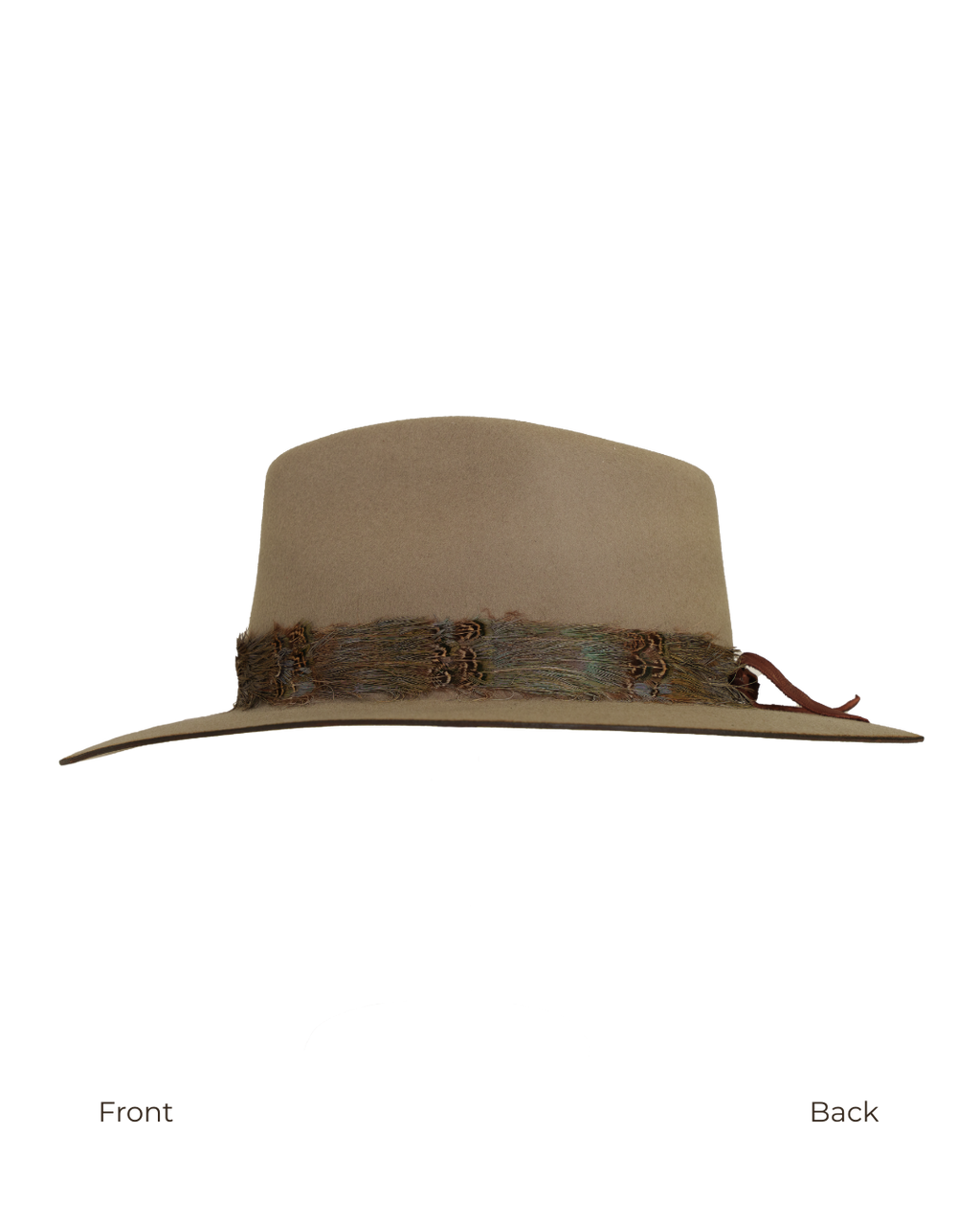 Side profile view from front to back of a greenish tan wide-brim fedora with a teardrop crown crease and, multicolored neutral feather hat band.
