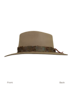 Side profile view from front to back of a greenish tan wide-brim fedora with a teardrop crown crease and, multicolored neutral feather hat band.

