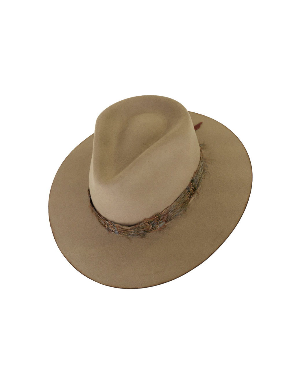 Top angled view of a greenish tan wide-brim fedora with a teardrop crown crease and, multicolored neutral feather hat band.
