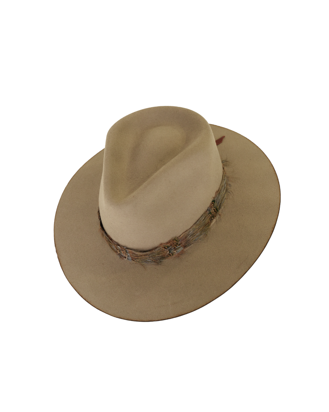 Top angled view of a greenish tan wide-brim fedora with a teardrop crown crease and, multicolored neutral feather hat band.