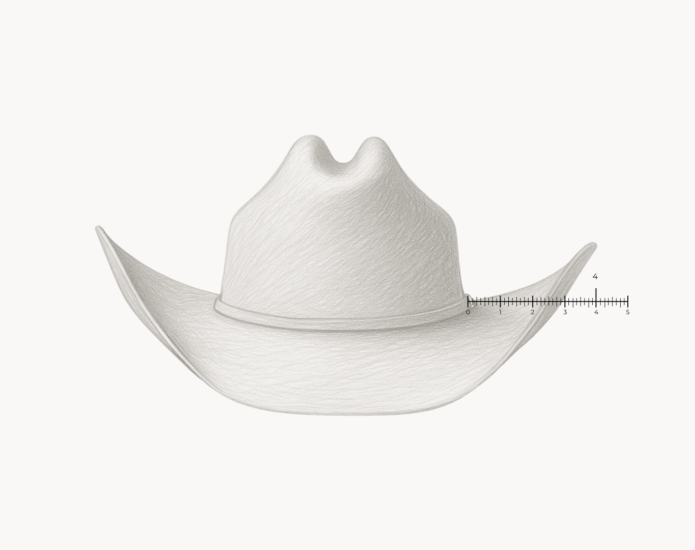 A sketched illustration of a dallas cattleman wool cowboy hat with a ruler showing the length of the brim being 4" that can be trimmed down and customized