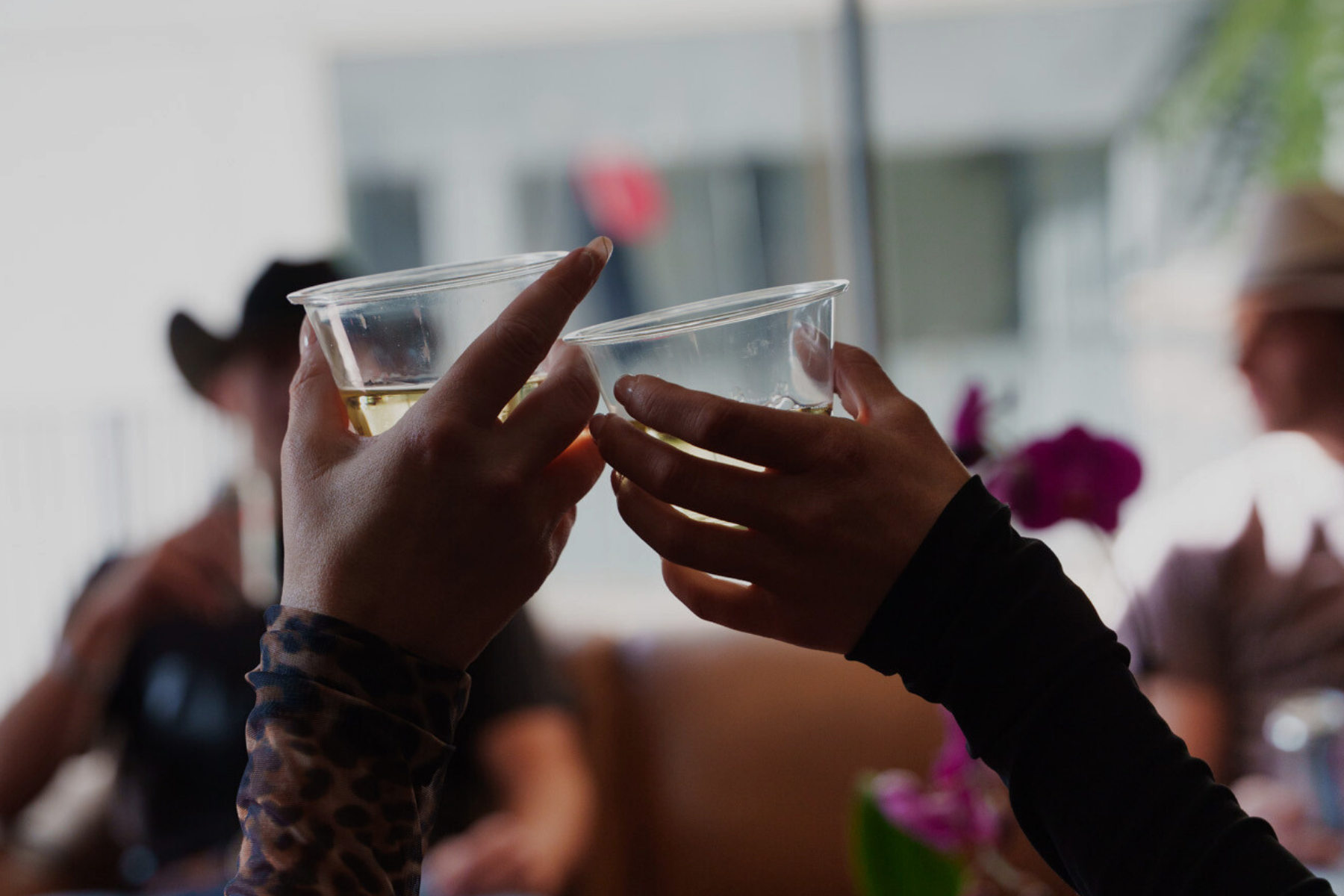 Two girls cheers cups celebrating shop party