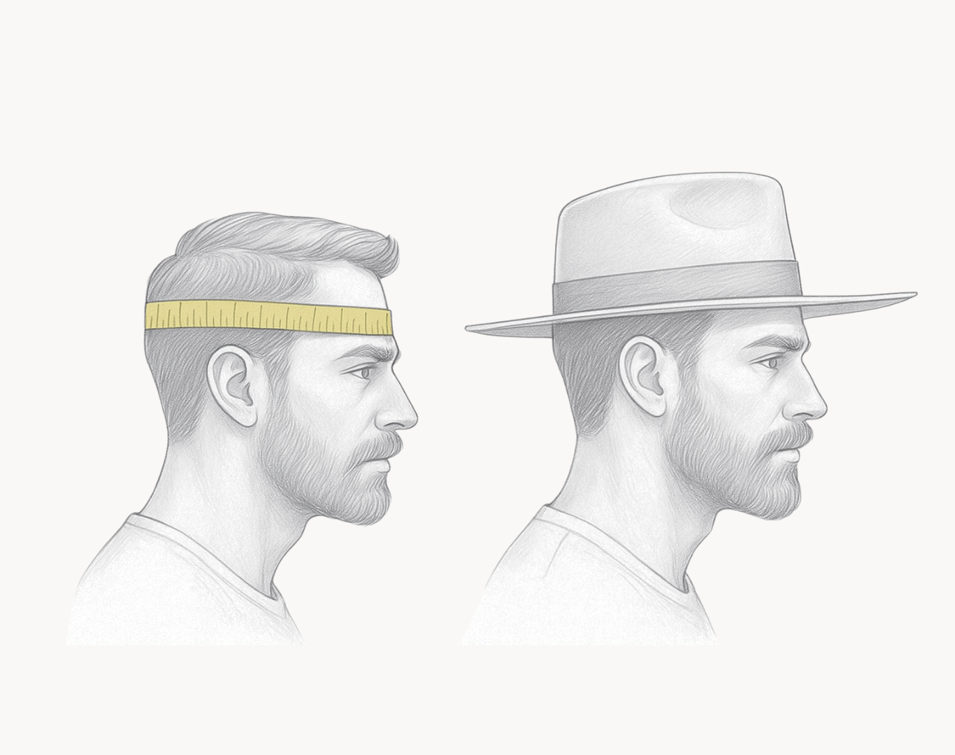 Illustration of two men side by side showing a ruler above the eyebrow, measuring for hat placement