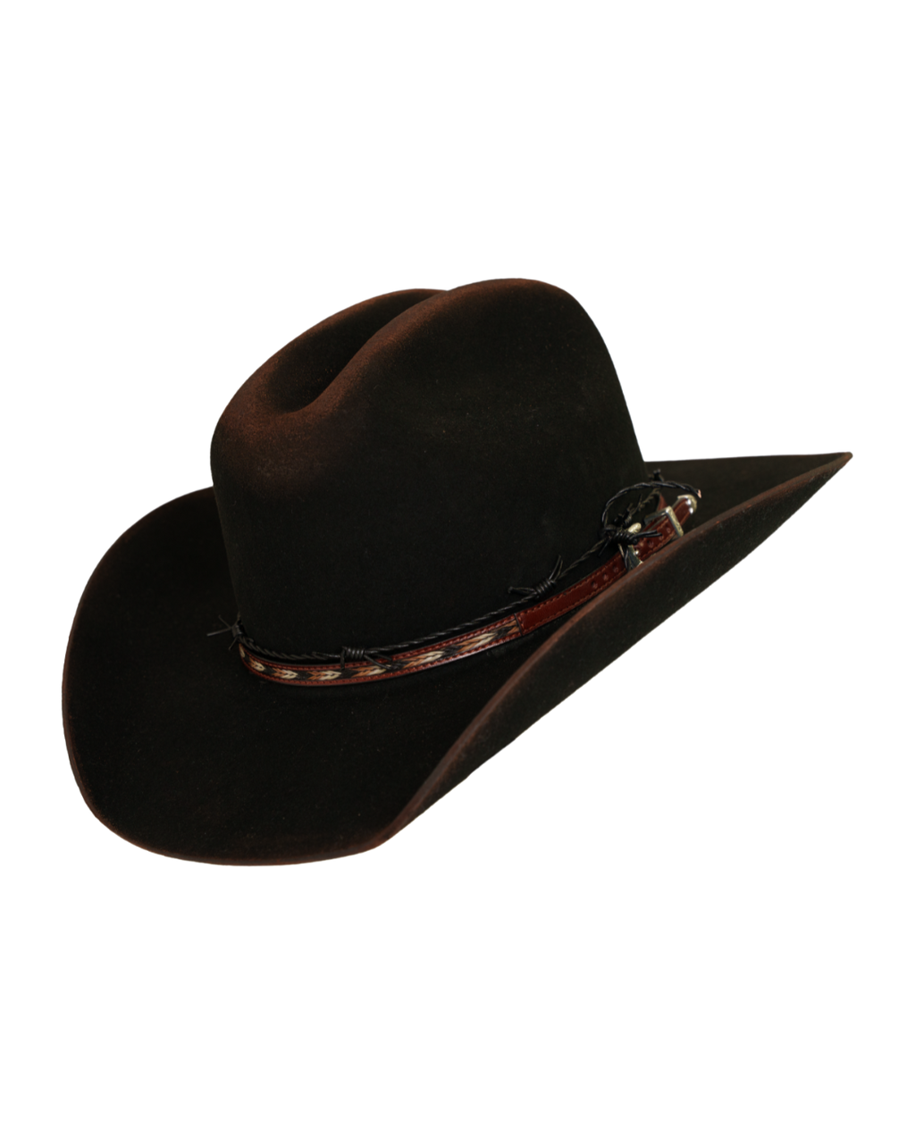 Three-quarter angled view of a black Dallas Cattleman cowboy hat with a multicolor horsehair and leather hat band, silver buckle, a black barbed-wire style accent band, and heavy crown and brim burning.
