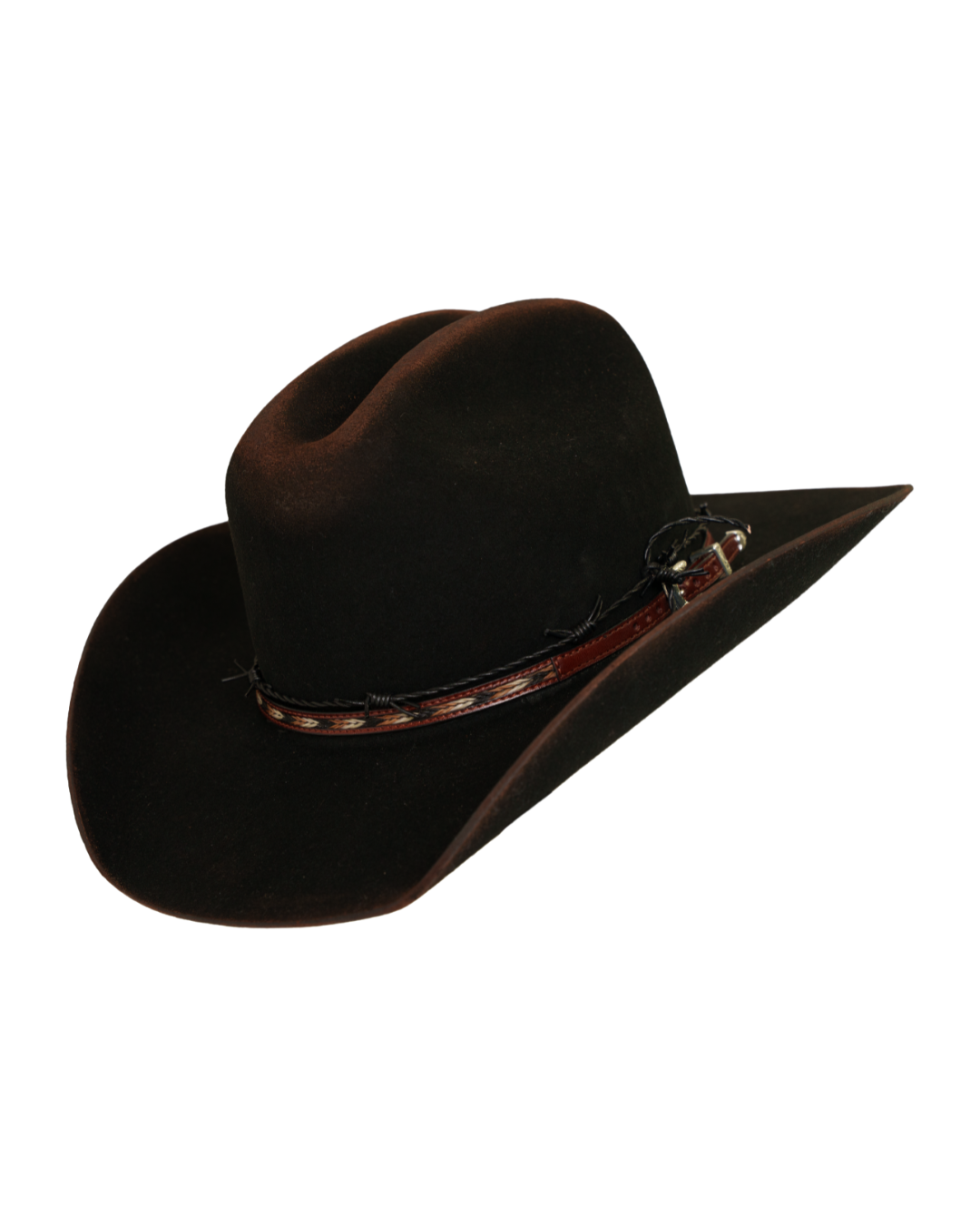 Three-quarter angled view of a black Dallas Cattleman cowboy hat with a multicolor horsehair and leather hat band, silver buckle, a black barbed-wire style accent band, and heavy crown and brim burning.
