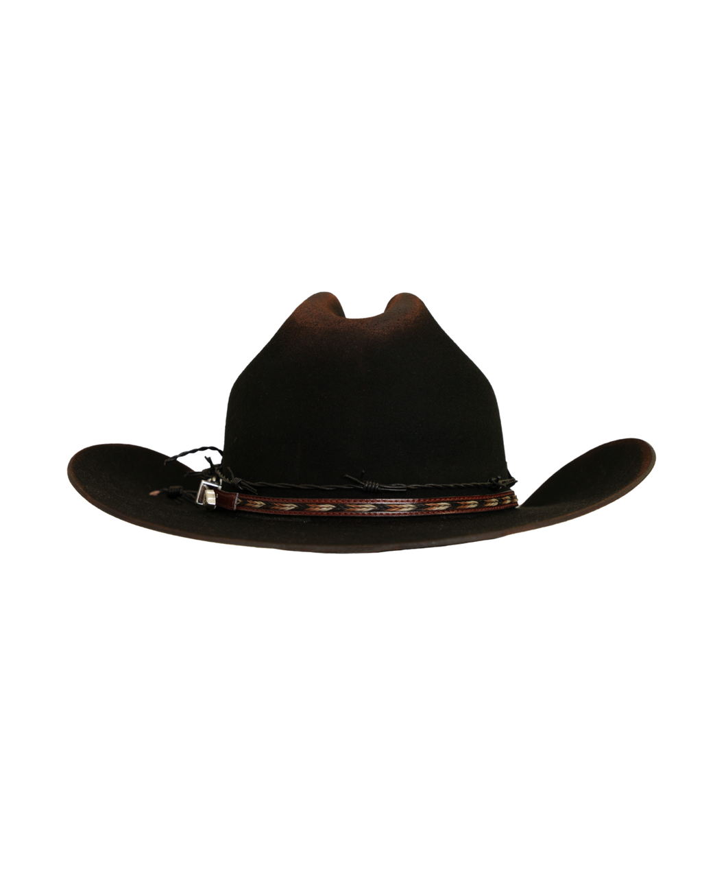 Back view of a black Dallas Cattleman cowboy hat with a multicolor horsehair and leather hat band, silver buckle, a black barbed-wire style accent band, and heavy crown and brim burning.
