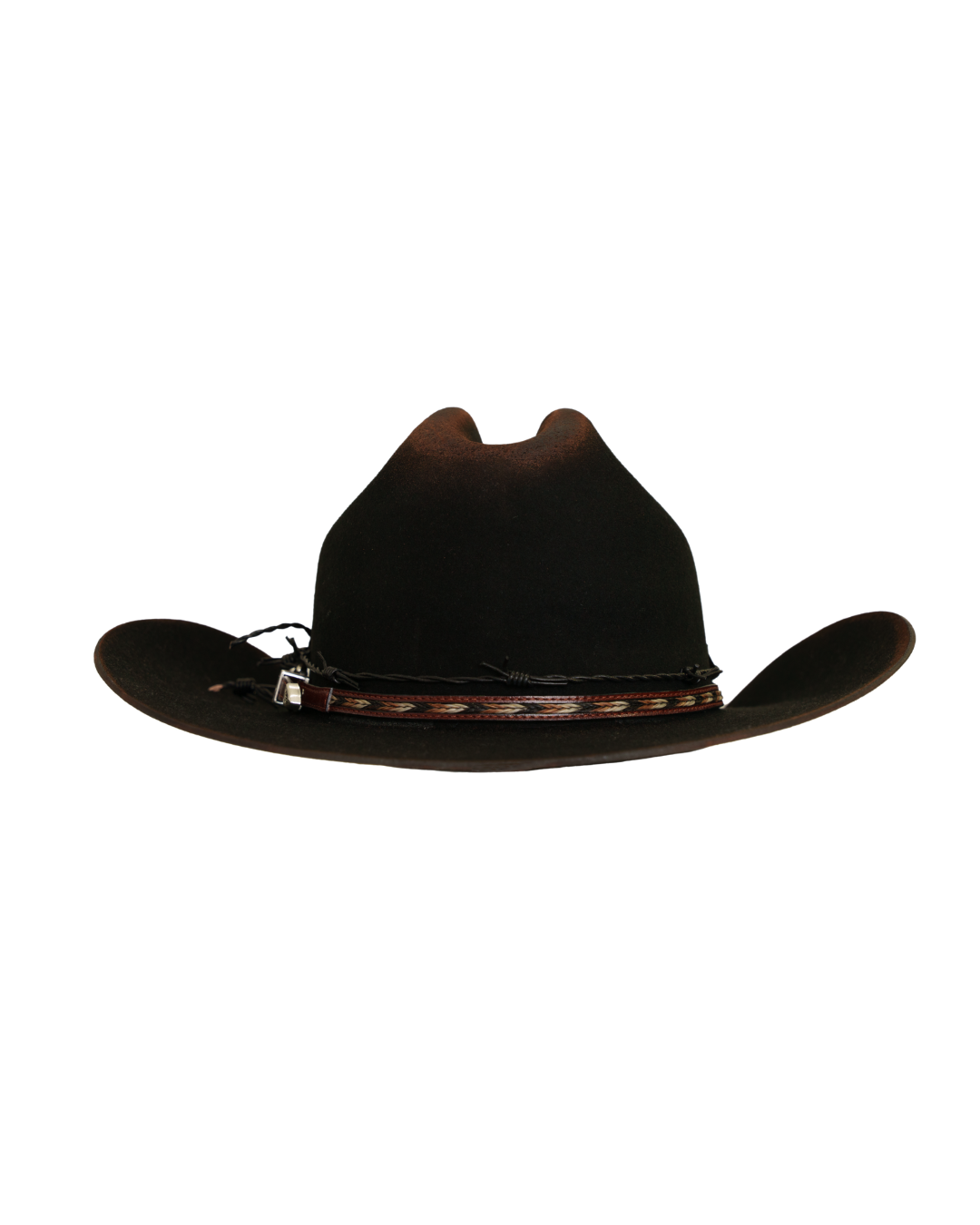 Back view of a black Dallas Cattleman cowboy hat with a multicolor horsehair and leather hat band, silver buckle, a black barbed-wire style accent band, and heavy crown and brim burning.
